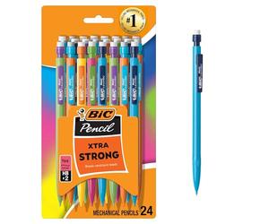 BIC Lápiz mecánico Xtra-Strong con punta gruesa de barril colorida (0.9 mm), paquete de 24 unidades con gomas de borrar (MPLWP241)