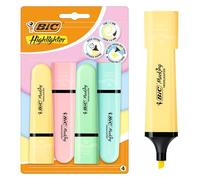 BIC Marking Flat Higlighter - Juego de 4 resaltadores pastel, 4 colores pastel (amarillo, azul, rosa, verde), tinta a base de agua, de secado rápido