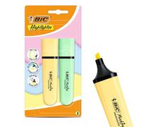 BIC Marking - Paquete de 2 marcadores de plástico con tinta amarilla pastel y verde para notas suaves, resaltadores precisos, ideal para la escuela y la oficina