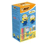 BIC Minions - Kit de papelería (edición limitada, 4 colores, bolígrafo, punta media (1,0 mm)/resaltadores de punta biselada/ratón corrector, 6 m/palos de pegamento/pegatinas - Caja de 12