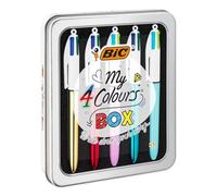 BIC My 4 Colours Box - Caja de 5 Bolígrafos 4 Colores (Shine y Fun) en una bonita caja metálica - Bolígrafo retráctil con tintas en colores surtidos