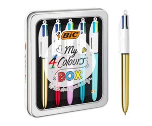 BIC My 4 Colours Box - Caja de 5 Bolígrafos 4 Colores (Shine y Fun) en una bonita caja metálica - Bolígrafo retráctil con tintas en colores surtidos