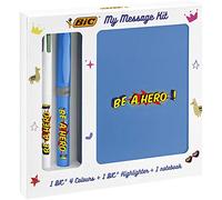BIC My Message Be a Hero - Kit de papelería, con 1 bolígrafo 4 colores y 1 subrayador Highlighter Grip azul, 1 cuaderno de notas A6 blanco, paquete de 3