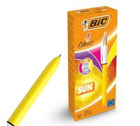 BIC - Paquete de 12 bolígrafos de sol de 4 colores, retráctiles, diseño de barril de color amarillo, bolígrafo multicolor con cuatro tintas vibrantes surtidas, bolígrafos multicolores, todo en uno