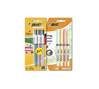 BIC Shine Pack - 4 Marcadores Highlighter Grip Pastel (Azul, Amarillo, Rosa y Verde) y 3 bolígrafos Retráctiles BIC 4 Colores Shine (Azul, Morado y Plata)