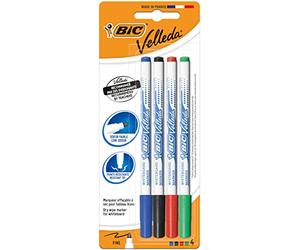 BIC Velleda Estuche de Rotuladores de Pizarra Blanca, Color Negro, Azul, Rojo y Verde, Punta Fina, Blíster de 4