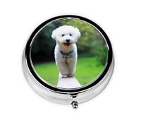 Bichón Frisé Bokeh Mascotas Perros Parque Perros Blancos, Pastillero, Pastillero redondo Pequeño contenedor de pastillas Organizador de pastillas de viaje