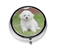 Bichon Frise Dog Este pequeño pastillero redondo impreso es un organizador portátil de pastillas y vitaminas perfecto para bolsillos, bolsos y viajes.