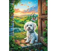 Bichon Frisé en el marco de la puerta del jardín Puzzle 1000 Piezas Educativo 3D Familiar Premium Mitos de cuento de hadas Rompecabezas Para Familia Desafío Intelectual DIY Creativo Decoración Hogar 1