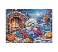 Bichon frisé Frente a Chimenea de Navidad Puzzle 500 Piezas Regalo Familiar Rompecabezas 3D Obra De Arte para Hombres Y Mujeres DIY Creativo Aliviar Estrés 500 PCS