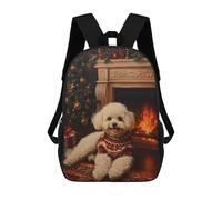 Bichon Frise in Sweater Christmas Dog by Fireplace Painting Mochilas Para Niños Y Estudiantes, Mochilas Escolares Impresas En 3D, Mochilas Para Estudiantes De Primaria Y Secundaria Para Niños Y Niñas