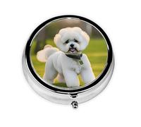 Bichon Frise - Pastillero redondo con estampado de perro sobre la hierba, pastillero portátil, organizador de medicamentos de viaje
