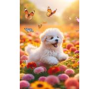Bichon Frise Puppy in a field of colorful flowers Notebook - Large 6 x 9 inches - 127 Pages