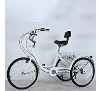 Bicicleta de Tres Ruedas Triciclo for Adultos de 7 velocidades, Marco de Acero de 24 Pulgadas con Asiento y Respaldo de Cesta de Compra, Multicolor(White)