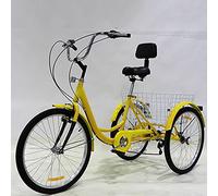 Bicicleta de Tres Ruedas Triciclo for Adultos de 7 velocidades, Marco de Acero de 24 Pulgadas con Asiento y Respaldo de Cesta de Compra, Multicolor(Yellow)