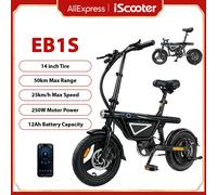 Bicicleta Eléctrica IScooter EB1S con Motor de 250W, Batería de 12AH, Velocidad Máxima de 25km/h, Neumáticos Inflables de 14 Pulgadas, Bicicleta Plegable para Adultos con Control por APP, Bicicleta EB