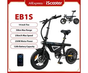 Bicicleta Eléctrica EB1S de 14 Pulgadas, Motor de 250W, Batería de 12Ah, Alcance de 30-50km, 3 Velocidades, Velocidad Máxima de 25km/h, Suspensión Media, Bicicleta Eléctrica Urbana Plegable para Negro