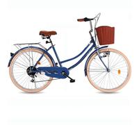 Bicicleta híbrida de crucero para mujer, bicicleta urbana de 6 velocidades con faro, luz trasera, cesta delantera y estante de carga trasero para paseos en la ciudad y la playa