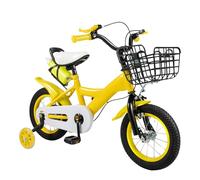 Bicicleta infantil de 12 pulgadas, color amarillo para niños y niñas a partir de 2 - 4 años, altura ajustable con ruedas estabilizadoras, cesta, timbre, doble freno, marco de acero al carbono