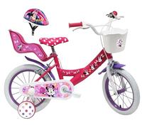 Bicicleta Infantil de 14 Pulgadas, niña Minnie/Disney Equipada con 2 Frenos, Soporte Trasero para muñecas, Cesta Delantera y Casco incluidos