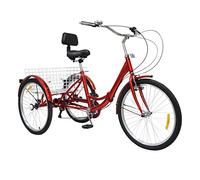 Bicicleta para adultos, Triciclo adulto plegable de 24 pulgadas, 7 velocidades, altura ajustable, rojo