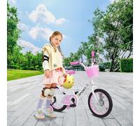 Bicicleta para niñas de 3 a 5 años, calcomanías, acero de alto carbono, rueda auxiliar, asiento trasero en forma de juguete, blanco