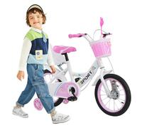 Bicicleta para niñas de 5 a 8 años, bicicleta para niñas y niños, 16", acero de alto carbono, barra curva con ruedas auxiliares, asiento trasero de juguete - blanco