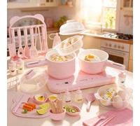 BICRET Juego de Cocina Eléctrica para Niños con Doble Fuego, Accesorios Completos, Incluye Utensilios de Cocina y Cuchillo de Chef Seguro, para Niños de 8 a 12 Años (Rosa)