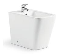 Bidé de porcelana blanco modelo Cube, lineas modernas con forma rectanngular, compacto adosado a la pared y de instalación a suelo. Incluye fijaciones.