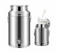 Bidón de acero inoxidable para transportar leche con tapa sellada y dispensador de grifo, material apto para uso alimentario, triple cierre de seguridad para un almacenamiento seguro de líquidos.