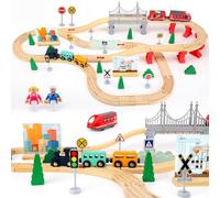 Biebuxo Tren de Madera Infantil 72 Unids con Rieles - Juguete para Niños 3 4 5 6 Años con Accesorios Granja, Coches, Tractor, Puente, Árboles, Paneles