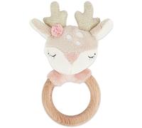 Bieco Sonajero de anillo de agarre para bebés | Ciervos Ø 10 cm, longitud 17 cm | sonajero de juguete con anillo de madera | juguetes sensoriales | juguetes para bebés 0-6 meses | sonajero con tela |