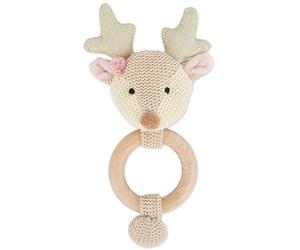 Bieco Sonajero de Madera para Bebé | Ø 10cm, Longitud 17cm | Adorable Sonajero de Ciervo con Anillo Madera y Algodón | Peluche | Anillos Bebé