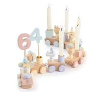 Bieco Tren de Cumpleaños de Madera - Aspecto Caramelo 0-99 Años con 6 Velas - Decoración de Mesa Infantil con Corona y Tren para Niñas