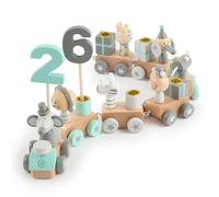 Bieco Tren de cumpleaños de madera estilo Scandi, 0 - 99 años, 31 piezas, longitud aprox. 48 cm. Tren de cumpleaños de madera para niños con velas en forma de números