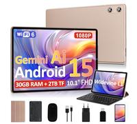 BIEGEDY 2026 Tablet 10 Pulgadas Android 15, 30GB RAM + 2TB TF, Gemini AI, Octa-Core, 5G WiFi 6, Widevine L1, GMS, GPS, BT 5.0, 6000mAh, 5+8MP, 3.5mm Audio, FHD Tablet con Teclado + Ratón + Funda, Oro