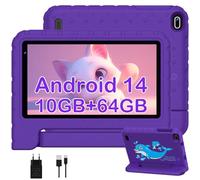 BIEGEDY Tablet para Niños 7 Pulgadas,Android Niños Tablet,10GB RAM + 64GB ROM/TF 512GB,Octa-Core 1.8GHz | Kids Educativos | Control Parental | 5G WiFi 6 | Cámara Dual | BT5.0,con Funda EVA Morado