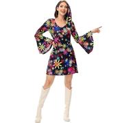 BIEGMAI Conjunto de disfraz hippy discoteca para mujer, talla grande, disfraz retro de los años 60, 70, 80, 90, para Halloween (flor negra, M)