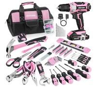 Bielmeier Kit de herramientas rosa de 236 piezas con taladro eléctrico inalámbrico de 20 V 2000 mAh, juego de herramientas básicas para el hogar para mujer con bolsa de herramientas rosa de 12