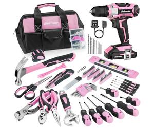 Bielmeier Kit de herramientas rosa de 236 piezas con taladro eléctrico inalámbrico de 20 V 2000 mAh, juego de herramientas básicas para el hogar para mujer con bolsa de herramientas rosa de 12