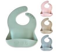 bienpegado Babero personalizado de silicona con nombre bebé Texto grabado en silicona ultra resistente, con bandeja receptora de comida. Resistente al lavavajillas. (Rosa antiguo)