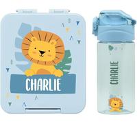 bienpegado - Set con botella personalizada para niños y fiambrera infantil con nombre de plástico - Botella con pajita de 450 ml - 100% libres de BPA (Azul claro)
