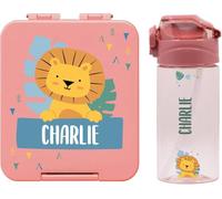 bienpegado - Set con botella personalizada para niños y fiambrera infantil con nombre de plástico - Botella con pajita de 450 ml - 100% libres de BPA (Dusty Pink)