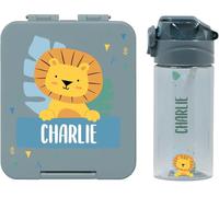 bienpegado - Set con botella personalizada para niños y fiambrera infantil con nombre de plástico - Botella con pajita de 450 ml - 100% libres de BPA (Azul petróleo)