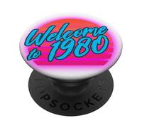 Bienvenido a 1980 Synthwave Sunset Retro 80s Estilo Estético PopSockets PopGrip Adhesivo