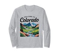 Bienvenido a Colorado Scenic Mountain River Graphic Retro Manga Larga
