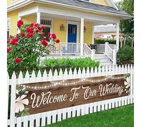 Bienvenido a nuestra pancarta grande de boda, bienvenida a nuestro principio, decoración rústica de recepción de boda, telón de fondo para interiores y exteriores, 8.9 x 1.6 pies