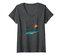 Bienvenido a Paradise Tropical Beach Vacation Camiseta Cuello V, Mujer, Jaspeado Oscuro, L