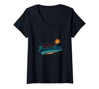 Bienvenido a Paradise Tropical Beach Vacation Camiseta Cuello V, Mujer, Negro, XL