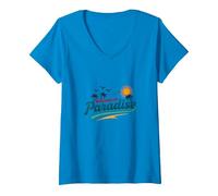 Bienvenido a Paradise Tropical Beach Vacation Camiseta Cuello V, Mujer, Zafiro, L